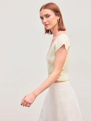 Knit V-neck Solid Crop Short Sleeve Top