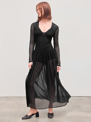 Mesh Scoop Neckline Solid See-through Maxi Dress