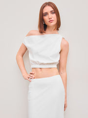 Cotton-blend Asymmetrical Neck Solid Crop Top With Mid Rise Solid Ruffle Maxi Skirt