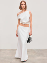Cotton-blend Asymmetrical Neck Solid Crop Top With Mid Rise Solid Ruffle Maxi Skirt