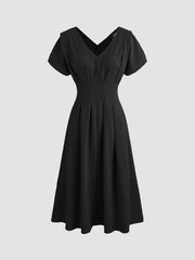 V-neck Solid Pleated Midi Dress