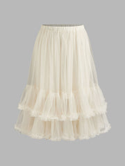 Voluminous Mesh Mid Rise Layered Tulle Ruffle Hem Solid Maxi Skirt Curve & Plus