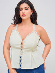 Linen-blend V-neck Lace Knotted Top Curve & Plus