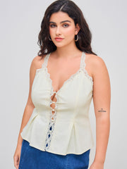 Linen-blend V-neck Lace Knotted Top Curve & Plus