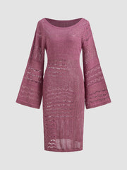 Knit Boat Neck Solid Hollow Out Split Midi Dress