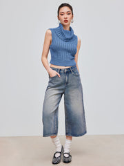 Knit High Neck Solid Rib Crop Vest