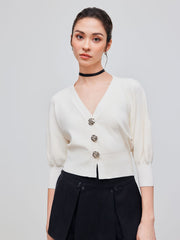 Knit V-neck Solid Rose Button Middle Sleeve Top