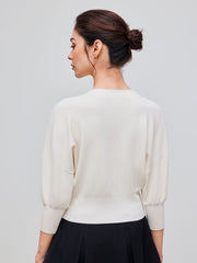 Knit V-neck Solid Rose Button Middle Sleeve Top