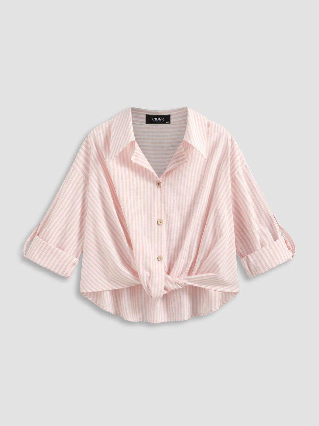Cotton-blend Collar Striped Knotted Roll-up Long Sleeve Shirt Curve & Plus