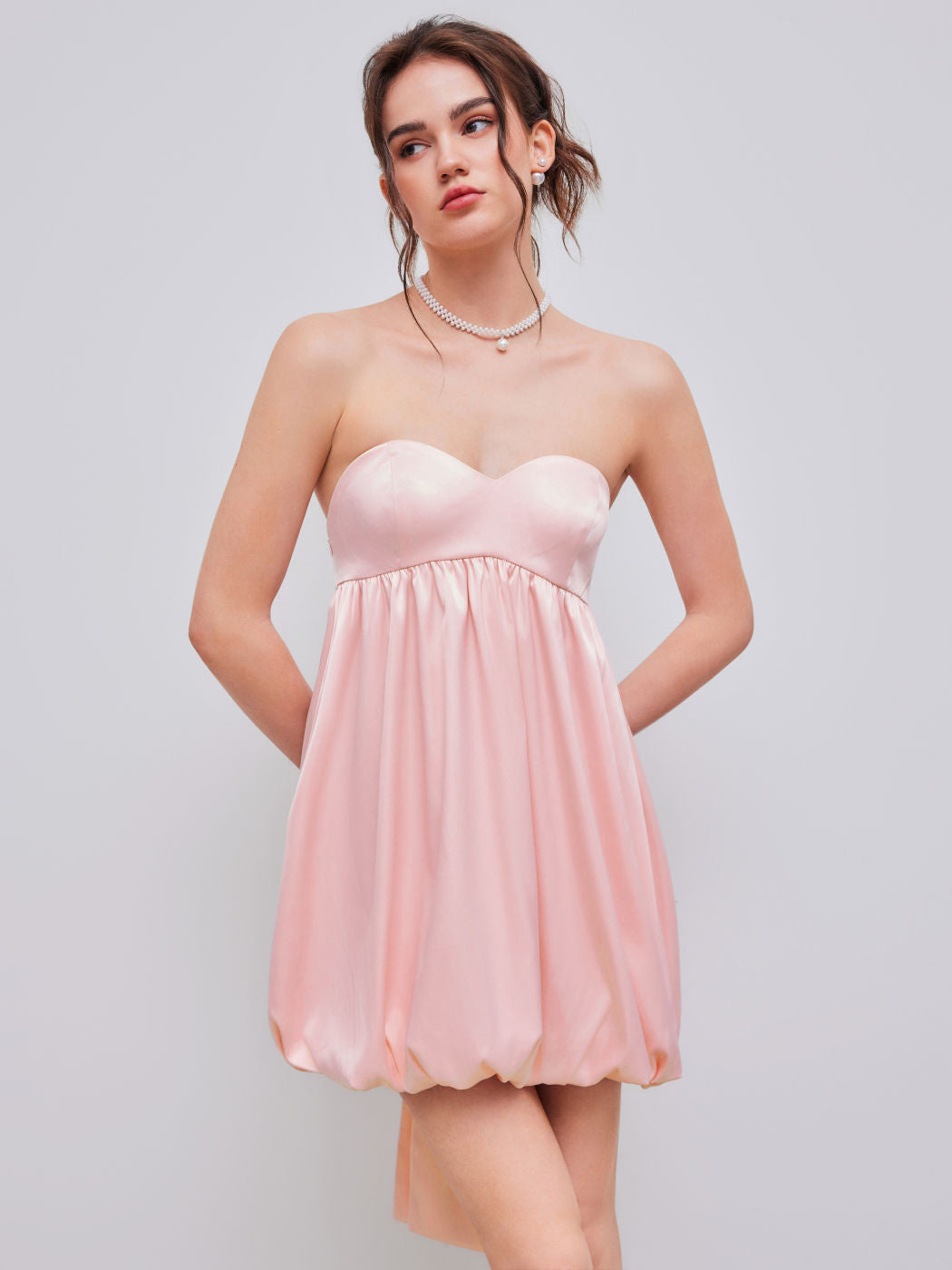 Bowknot Satin Tube Solid Bubble Hem Mini Dress