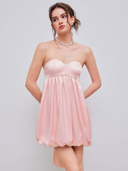 Bowknot Satin Tube Solid Bubble Hem Mini Dress