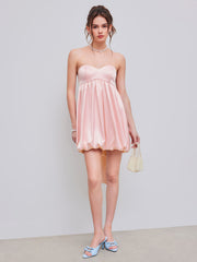 Bowknot Satin Tube Solid Bubble Hem Mini Dress