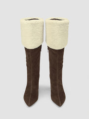 FAUX SUEDE & FUZZY CHUNKY HEEL KNEE HIGH BOOTS