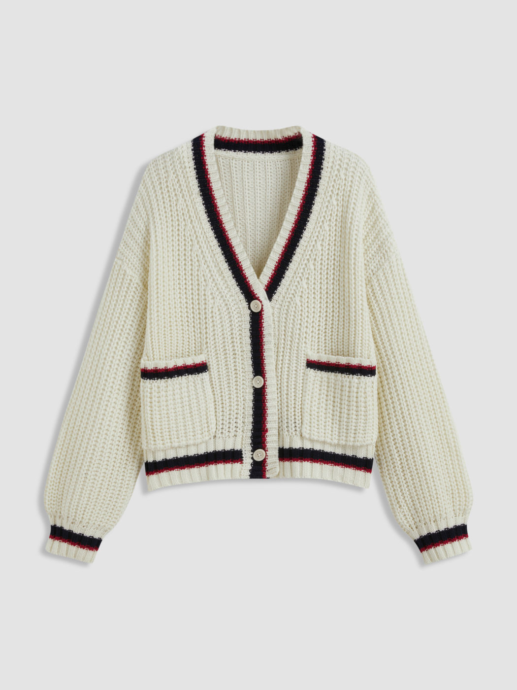 Knit V-neck Solid Button Pocket Contrasting Binding Cardigan