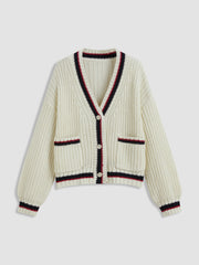Knit V-neck Solid Button Pocket Contrasting Binding Cardigan