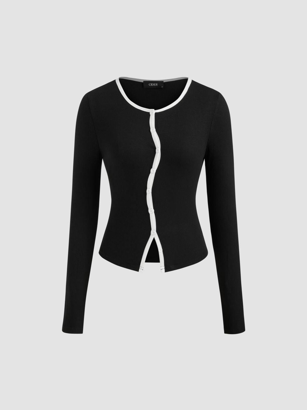Round Neckline Solid Asymmetrical Button Long Sleeve Top