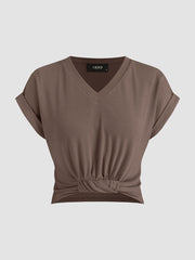 V-neck Solid Ruched Crop Top