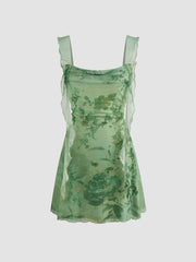 Mesh Cowl Neck Floral Ruffle Hem Ruched Mini Dress