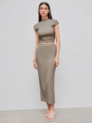 High Neck Solid Texture Ruched Tank Top & Mid Rise Solid Texture Split Maxi Skirt
