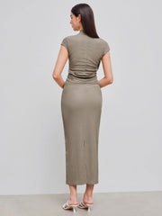 High Neck Solid Texture Ruched Tank Top & Mid Rise Solid Texture Split Maxi Skirt