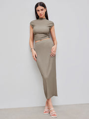 High Neck Solid Texture Ruched Tank Top & Mid Rise Solid Texture Split Maxi Skirt