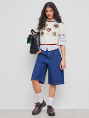Knit Round Neckline Contrasting Binding Food Graphic Crop Top