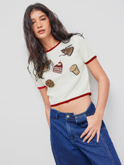 Knit Round Neckline Contrasting Binding Food Graphic Crop Top
