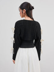 Cable Knit Bowknot Long Sleeve Shrug