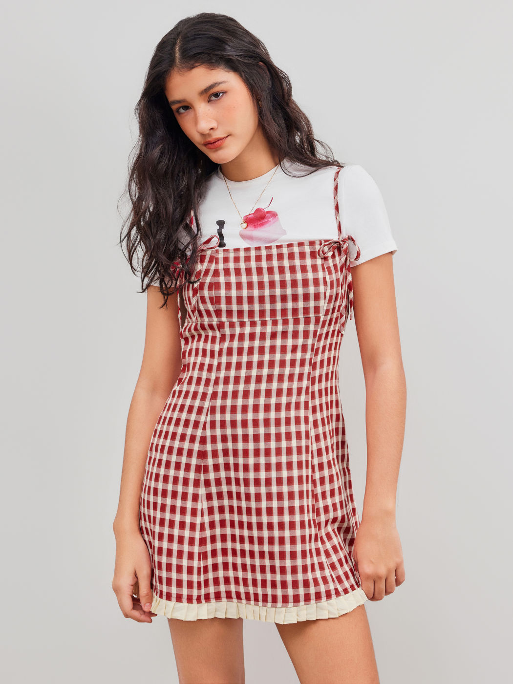 Square Neck Gingham Knotted Mini Dress