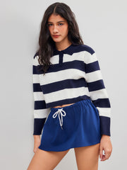 Knit Polo Striped Crop Long Sleeve Top