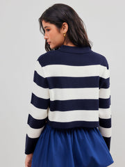 Knit Polo Striped Crop Long Sleeve Top