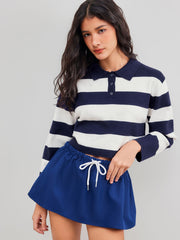 Knit Polo Striped Crop Long Sleeve Top