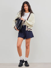 Knit V-neck Solid Button Pocket Contrasting Binding Cardigan