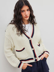 Knit V-neck Solid Button Pocket Contrasting Binding Cardigan