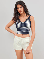 Cotton-blend V-neck Striped Lace Trim Bowknot Crop Cami Top