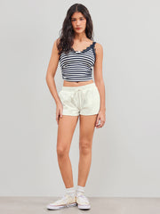 Cotton-blend V-neck Striped Lace Trim Bowknot Crop Cami Top