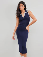 Knit V-neck Contrasting Binding Sleeveless Midi Dress