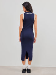 Knit V-neck Contrasting Binding Sleeveless Midi Dress