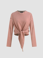 Round Neckline Striped Knotted Long Sleeve Tee