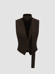 V-Neck Lace Trim Waistcoat With Scarf