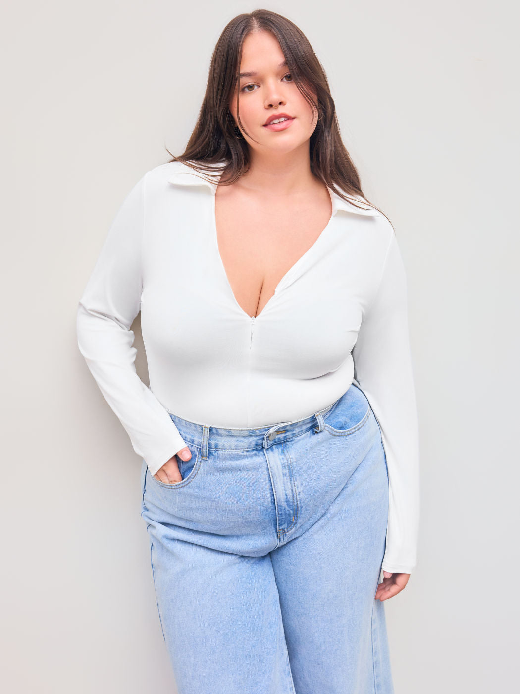 Collar Zipper Solid Long Sleeve Bodysuit Curve & Plus