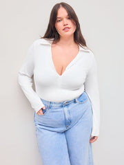 Collar Zipper Solid Long Sleeve Bodysuit Curve & Plus