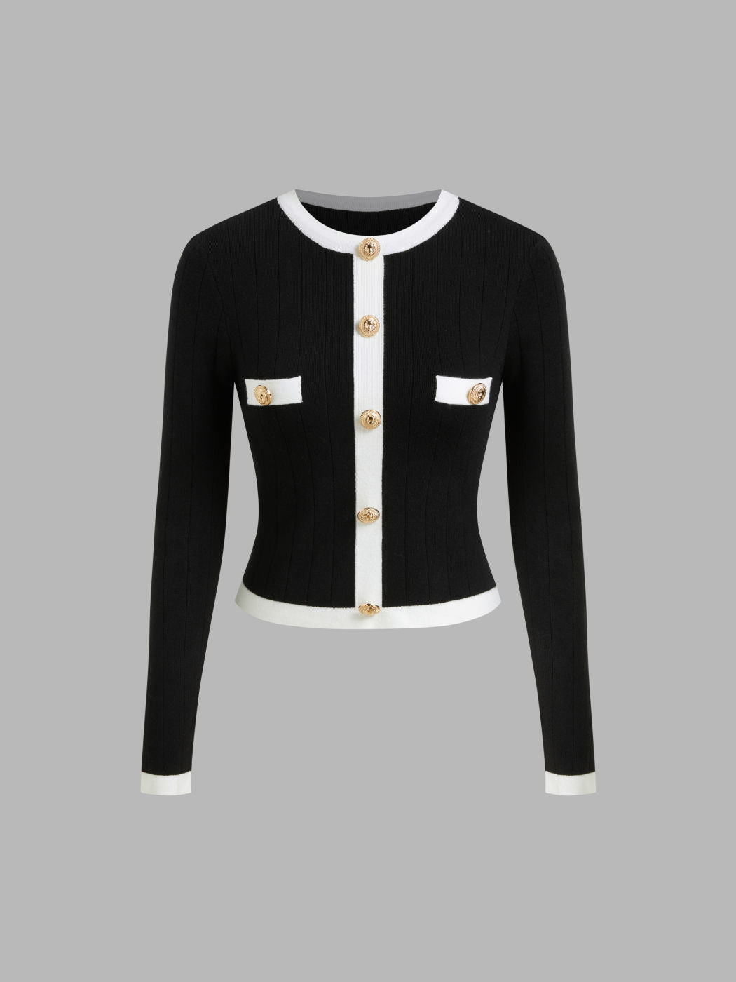 Knit Round Neckline Contrasting Binding Button Sweater