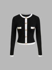 Knit Round Neckline Contrasting Binding Button Sweater