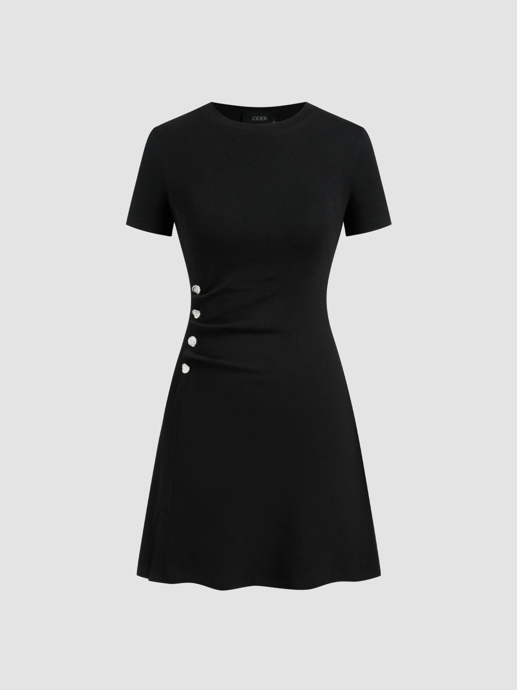 Cotton-blend Round Neckline Solid Button Mini Dress