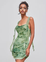 Mesh Cowl Neck Floral Ruffle Hem Ruched Mini Dress