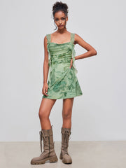 Mesh Cowl Neck Floral Ruffle Hem Ruched Mini Dress