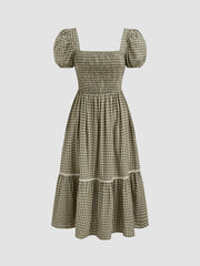Square Neck Gingham Shirred Ruffle Puff Sleeve Maxi Dress