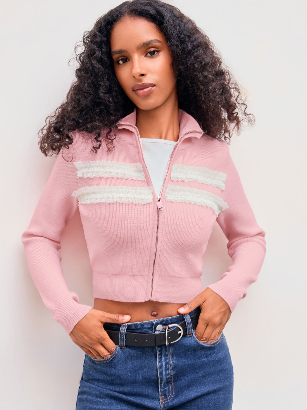 High Neck Lace Trim Cardigan