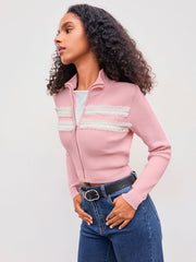 High Neck Lace Trim Cardigan